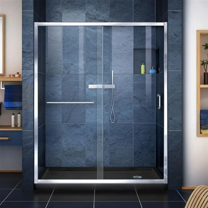 Infinity-Z Shower Kit 30 x 60 x 74 3/4 Clear 6mm Sliding Shower Door in Chrome and Right Drain Black Base