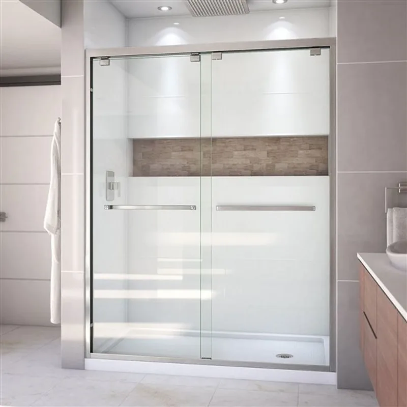 Encore Shower Kit 34 x 60 x 78 3/4 Semi-Frameless Bypass 8mm Shower Door in Brushed Nickel with Right Drain White Base