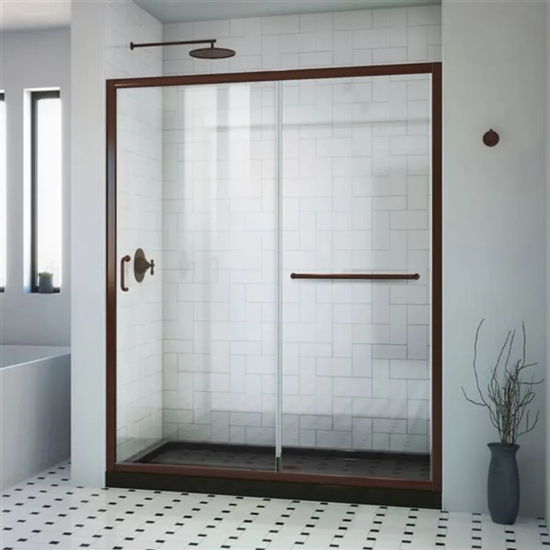 Infinity-Z Shower Kit 34 x 60 x 74 3/4 Semi-Frameless Sliding Shower Door in Oil Rubbed Bronze with Center Drain Black Base