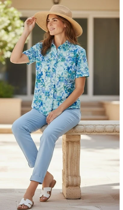 Equinox Womens Blue Floral Print Short Sleeve Shirt Blue / 16