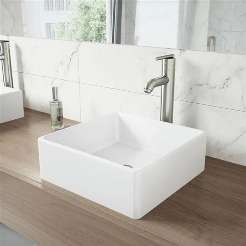 VIGO Dianthus 15-in Modern White Matte Stone Square Vessel Bathroom Sink