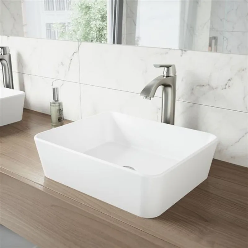 VIGO Marigold 14-in W x 18-in L White Matte Stone Rectangle Bathroom Vessel with Linus Faucet/Drain - Brushed Nickel