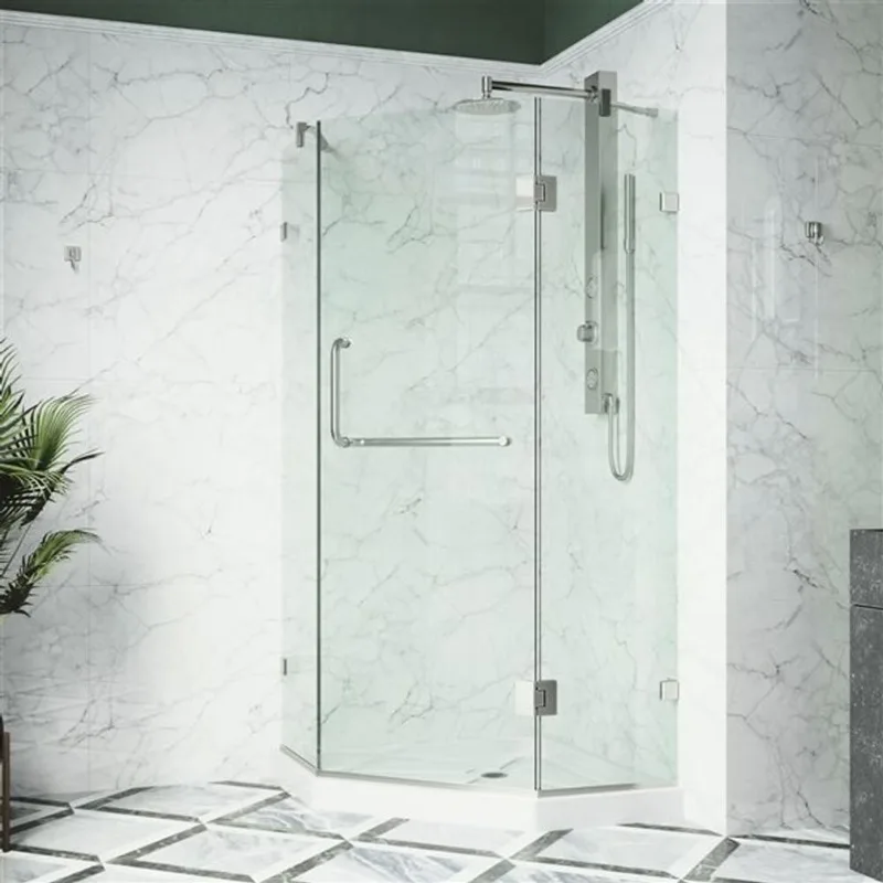 VIGO Piedmont 38-in D x 38-in W x 77-in H Brushed Nickel Frameless Hinged Shower Enclosure with Clear Glass and Base