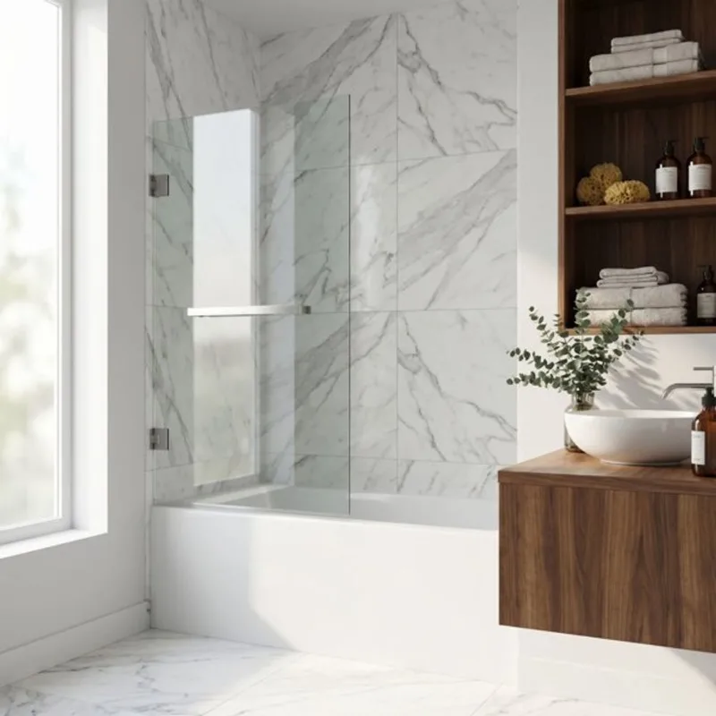 VIGO Rialto 34-in W x 58-in H Frameless Stainless Steel Hinged Tub Door with Clear Glass and Handle