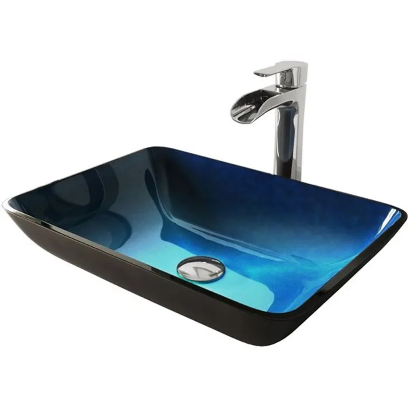 VIGO Glass 13-in W x 18-in L Blue Rectangle Vessel Bathroom Sink with Niko Faucet and Pop-Up Drain - Chrome