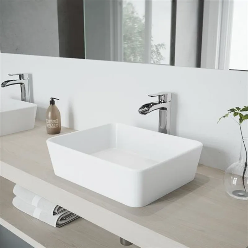 VIGO Marigold 14-in W x 18-in L White Matte Stone Rectangle Vessel Bathroom Sink with Niko Faucet and Pop-Up - Chrome