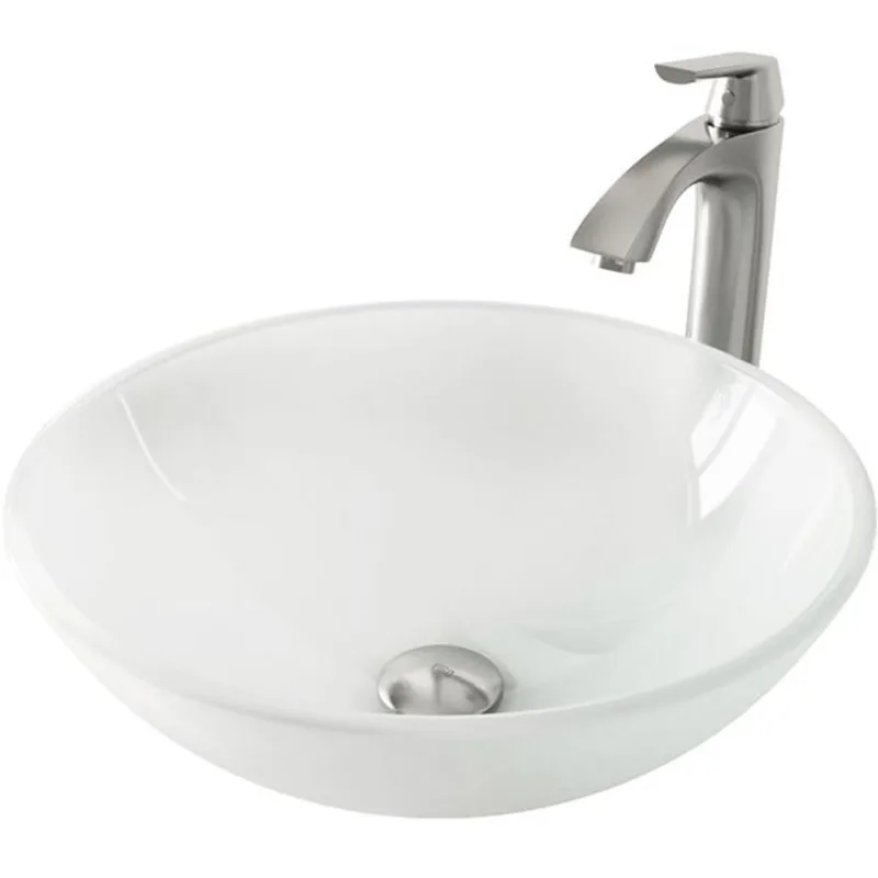 VIGO Glass 17-in dia. White Round Vessel Bathroom Sink with Linus Faucet/Drain - Brushed Nickel