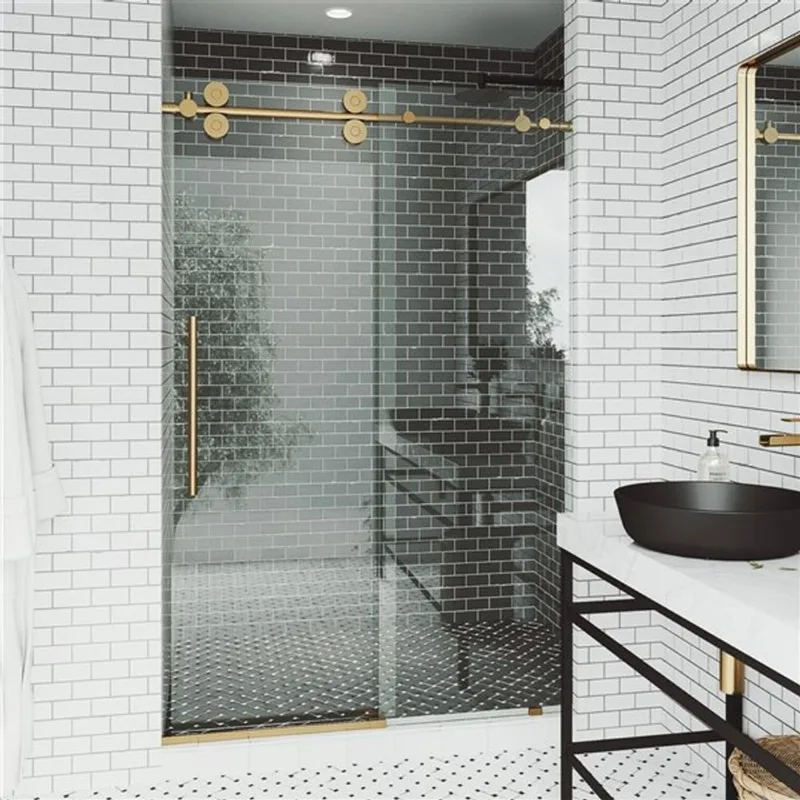 VIGO Elan 52 to 56-in W x 74-in H Frameless Matte Brushed Gold Sliding Shower Door with Clear Glass and Handle