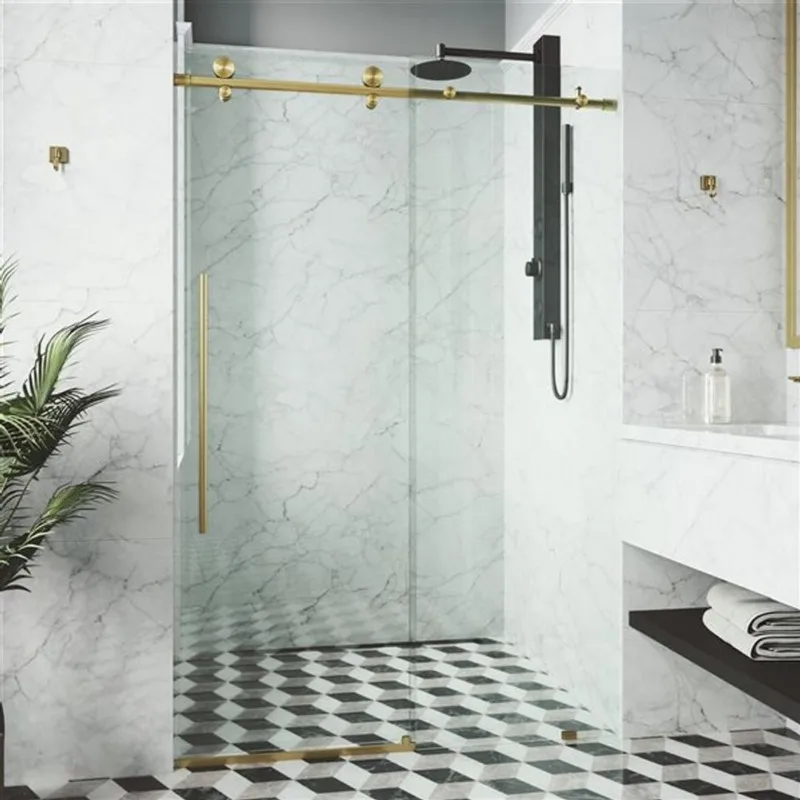 VIGO Elan E-Class 68 to 72-in W x 76-in H Frameless Matte Brushed Gold Sliding Shower Door with Clear Glass and Handle