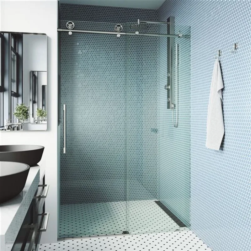 VIGO Elan Cass Aerodynamic 56-60-in W x 76-in H Frameless Stainless Steel Sliding Shower Door w/ Clear Glass and Handle