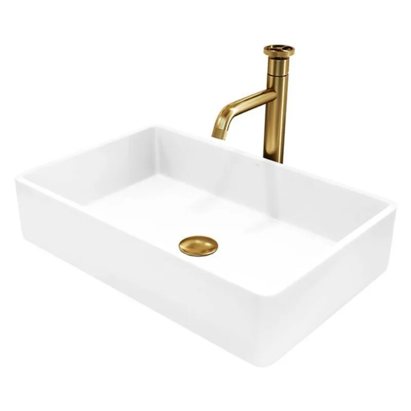 VIGO Magnolia 14-in W x 21-in L White Matte Stone Rectangle Vessel Bathroom Sink with Cass Faucet/Drain - Matte Gold