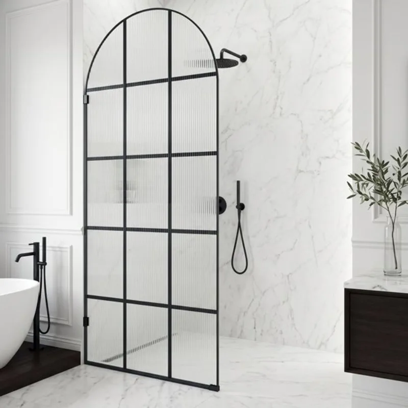 VIGO Arden 34-in W x 78-in H Frameless Fixed Grid Fluted Glass Shower Screen - Matte Black