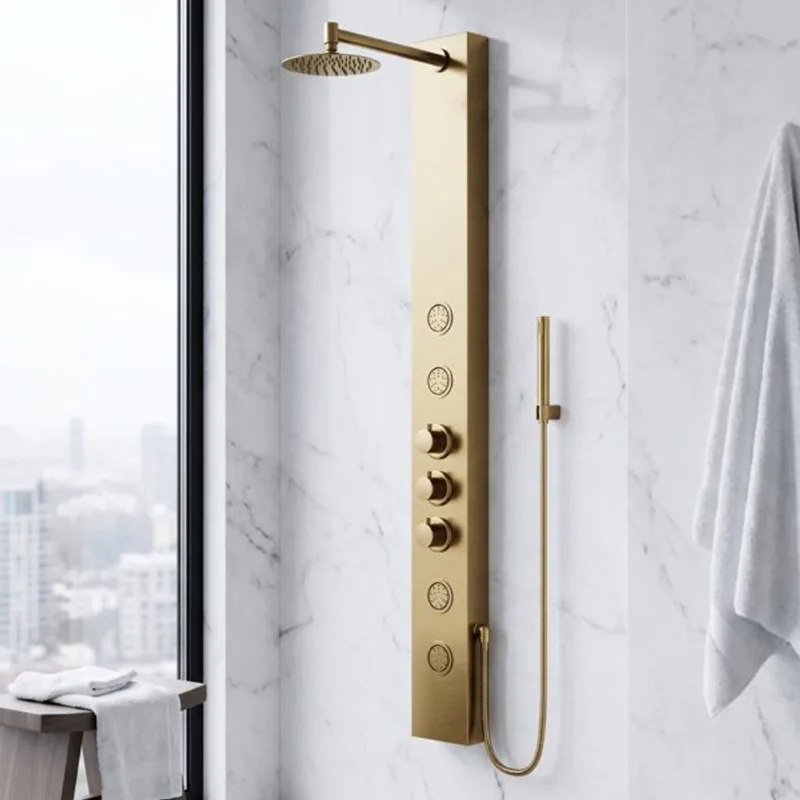 VIGO Ellington 59 x 6-in 4-Jet High-Pressure Shower Panel System w/ Round Fixed Rain Shower Head - Matte Brushed Gold