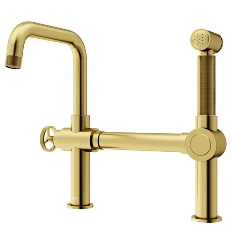 VIGO Cass 13-in H One-Handle High-Arc Widespread Bridge Kitchen Faucet with Pull-Out Side Sprayer - Matte Brushed Gold