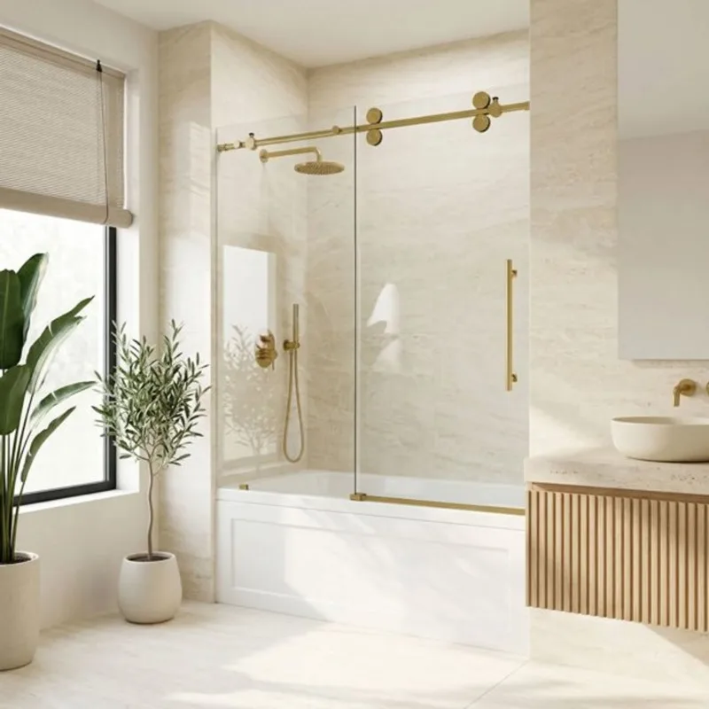 VIGO Elan 56 to 60-in W x 66-in H Frameless Matte Brushed Gold Sliding Tub Door with Laminated Glass and Handle