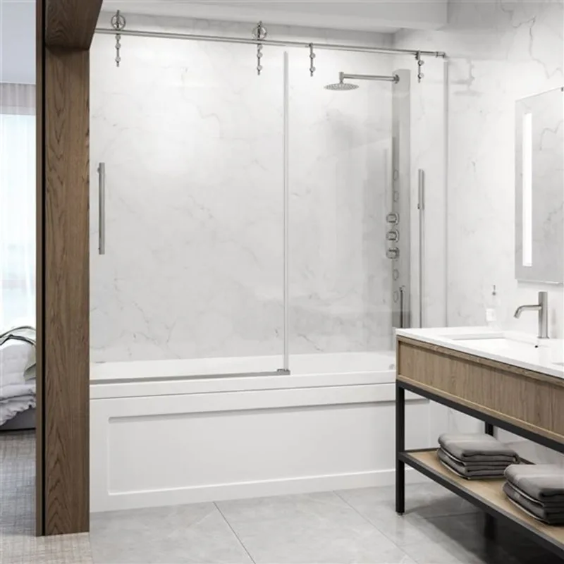 VIGO Hamilton 56 to 60-in W x 68-in H Frameless Stainless Steel Sliding Tub Door with Clear Glass and Handle