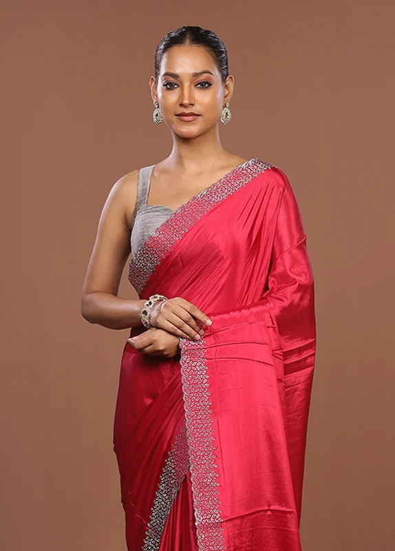 Pink Dupion Silk Saree With Blouse Piece One Size