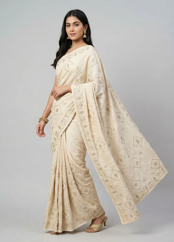 White Dupion Silk Saree With Blouse Piece One Size