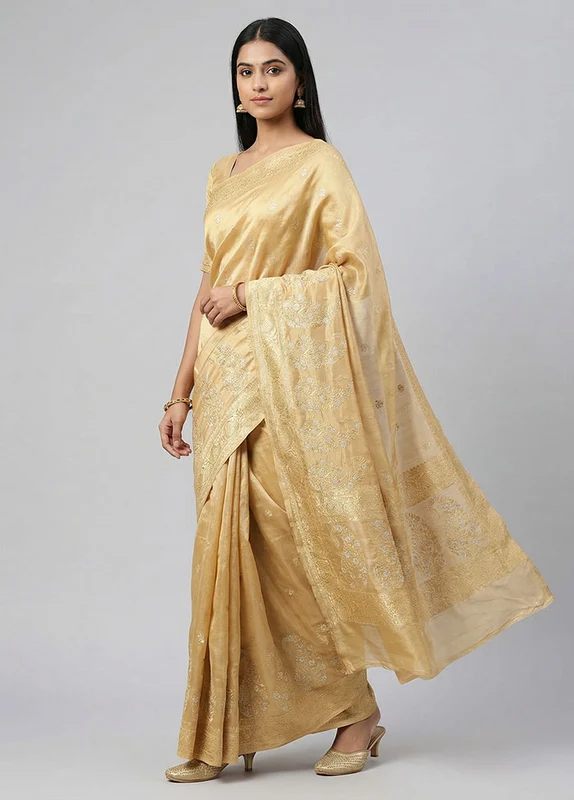 Cream Dupion Silk Saree With Blouse Piece One Size