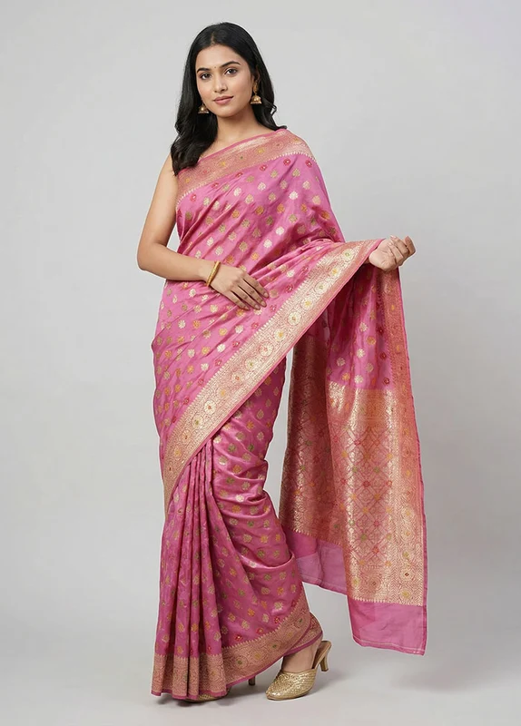 Pink Dupion Silk Saree With Blouse Piece One Size