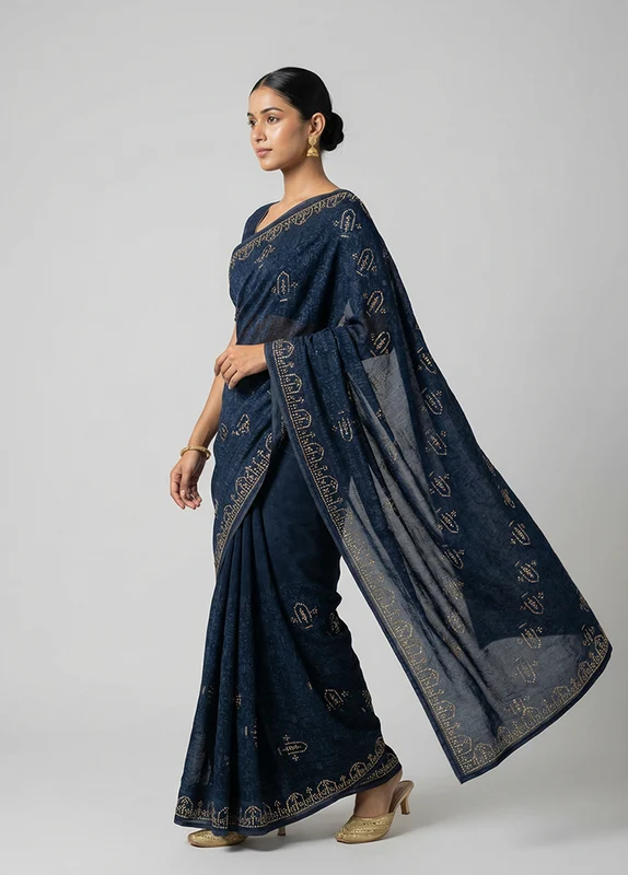 Blue Chiffon Silk Saree With Blouse Piece One Size