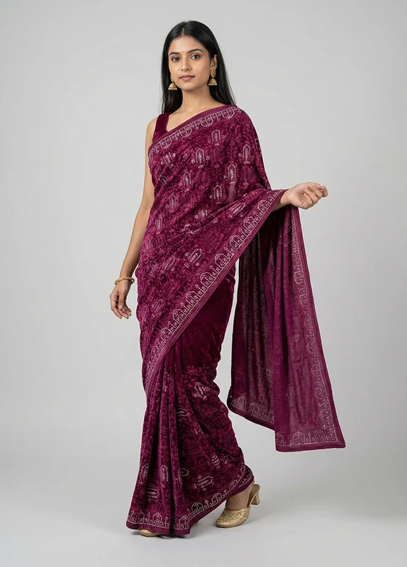 Maroon Chiffon Silk Saree With Blouse Piece One Size