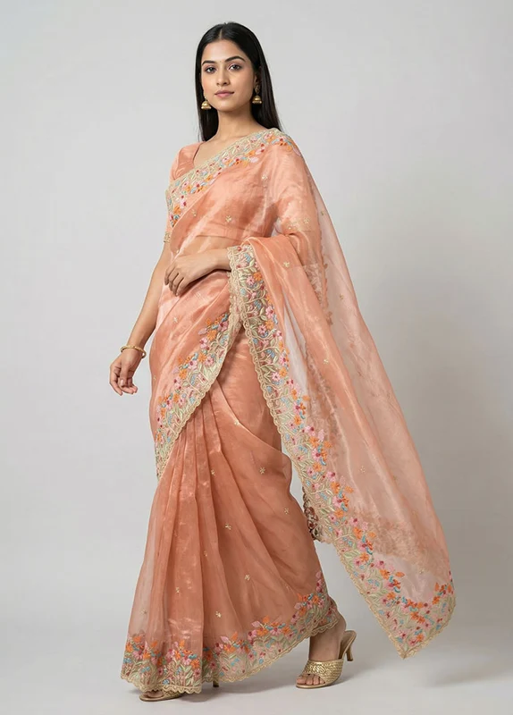 Peach Organza Saree With Blouse Piece One Size