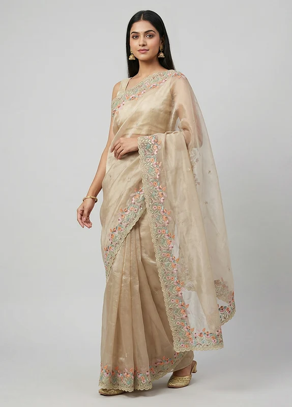 Cream Organza Saree With Blouse Piece One Size