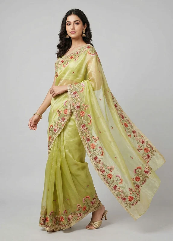 Green Organza Saree With Blouse Piece One Size