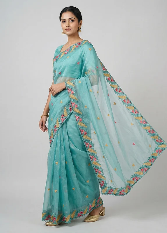 Blue Organza Saree With Blouse Piece One Size