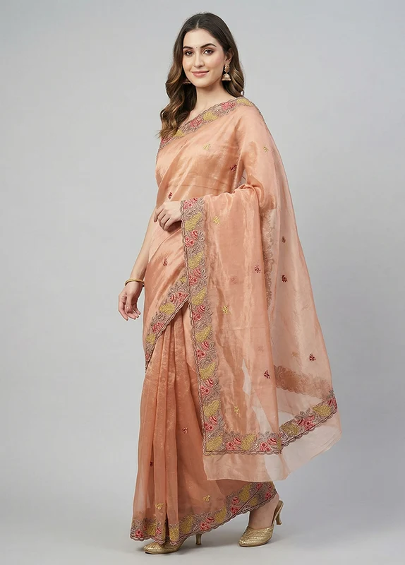 Peach Organza Saree With Blouse Piece One Size