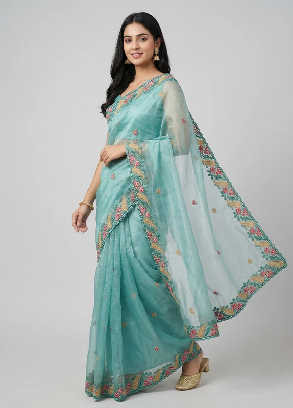 Blue Organza Saree With Blouse Piece One Size