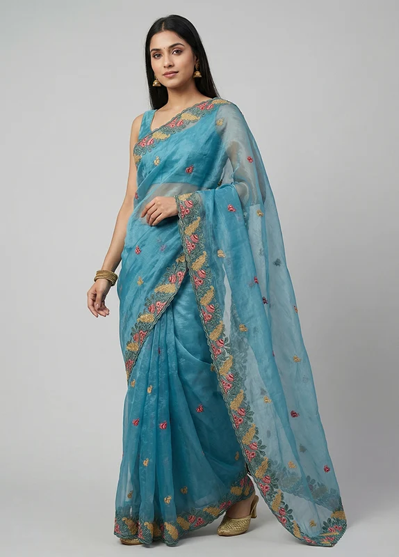 Blue Organza Saree With Blouse Piece One Size