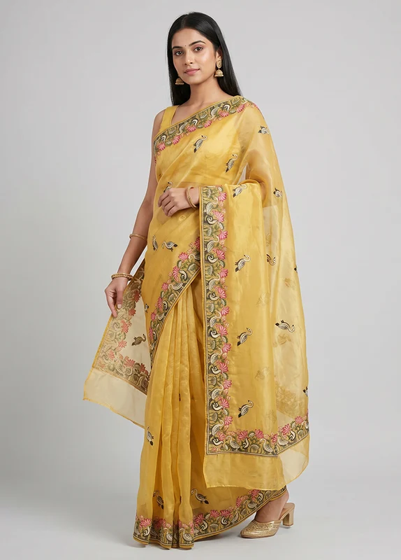 Yellow Organza Saree With Blouse Piece One Size