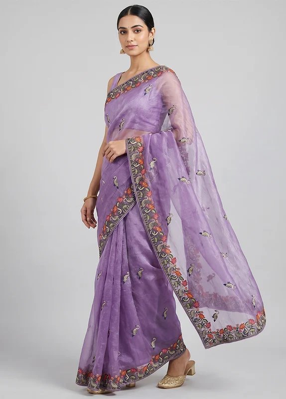 Purple Organza Saree With Blouse Piece One Size