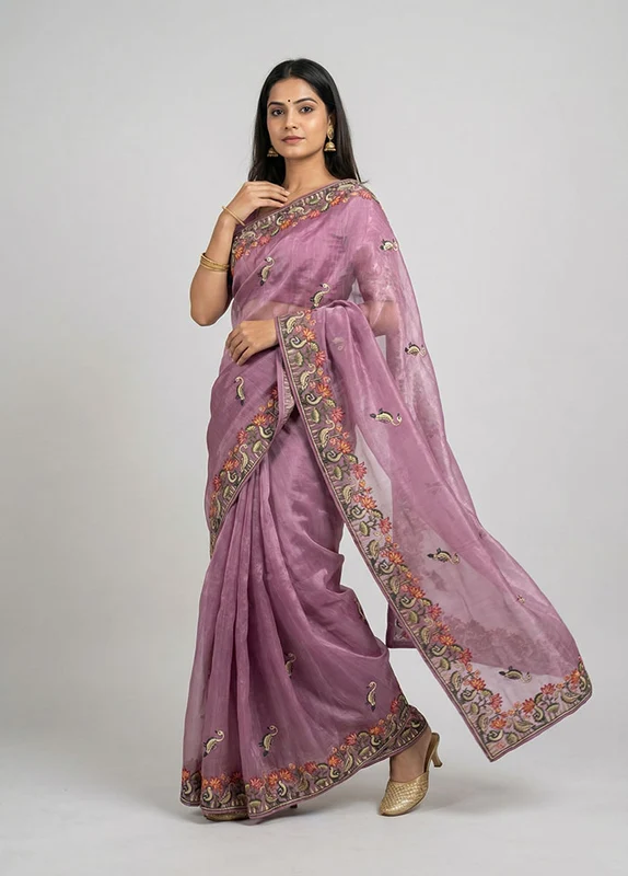 Purple Organza Saree With Blouse Piece One Size