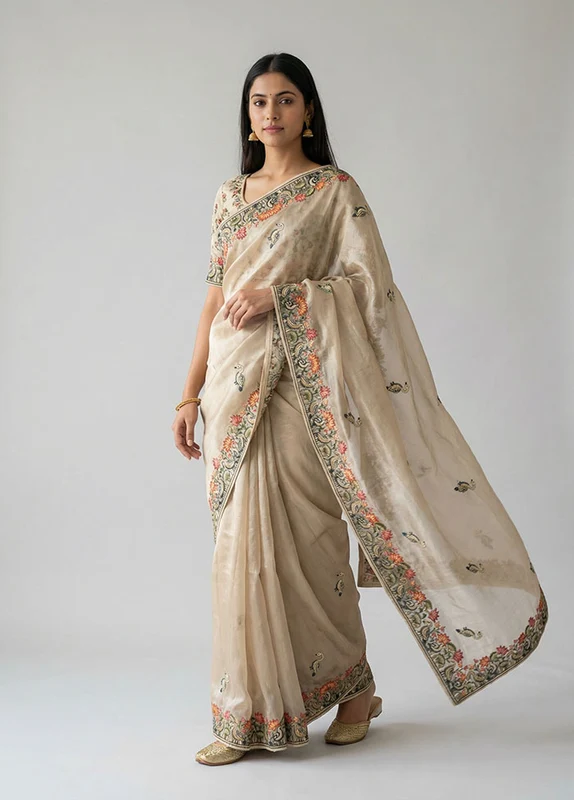 Cream Organza Saree With Blouse Piece One Size