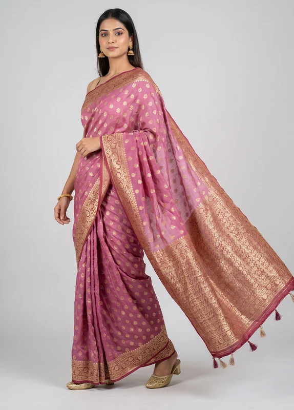 Pink Dupion Silk Saree With Blouse Piece One Size