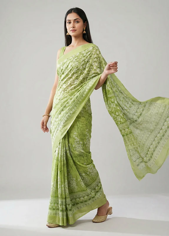 Green Cotton Saree With Blouse Piece One Size