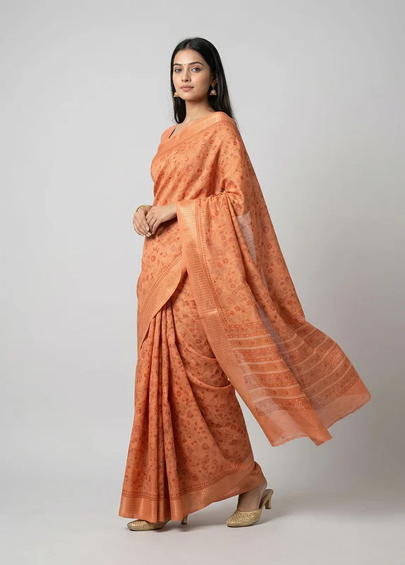 Rust Cotton Saree With Blouse Piece One Size