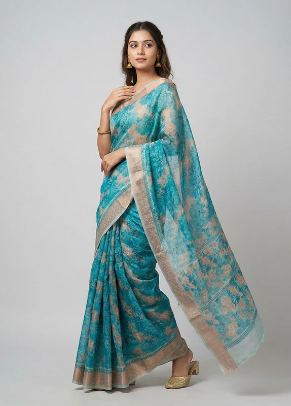 Blue Cotton Saree With Blouse Piece One Size