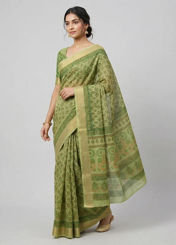 Yellow Cotton Saree With Blouse Piece One Size