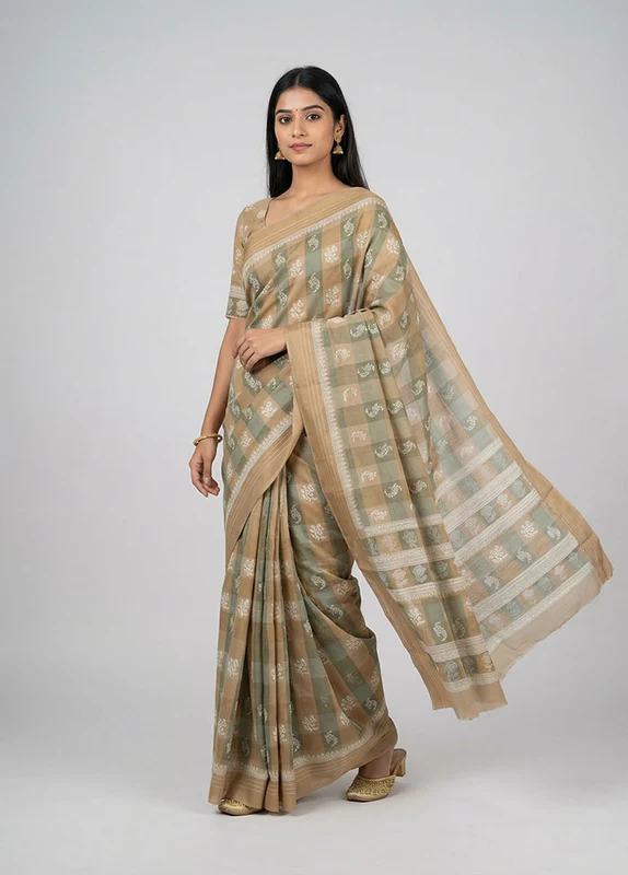 Cream Cotton Saree With Blouse Piece One Size