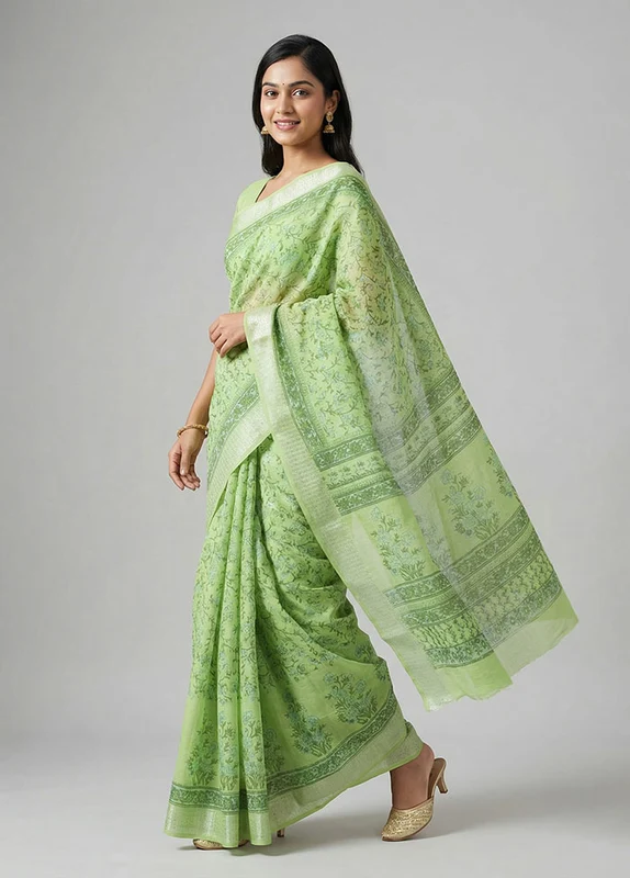 Green Cotton Saree With Blouse Piece One Size