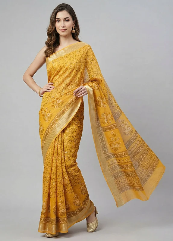 Yellow Cotton Saree With Blouse Piece One Size