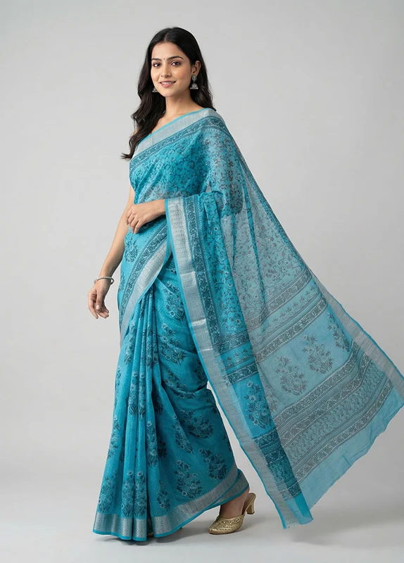 Blue Cotton Saree With Blouse Piece One Size