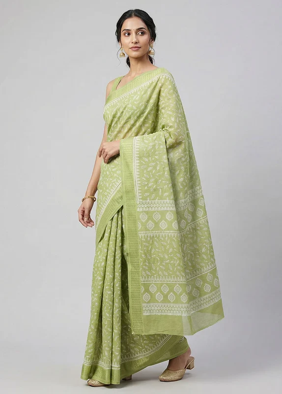 Green Cotton Saree With Blouse Piece One Size