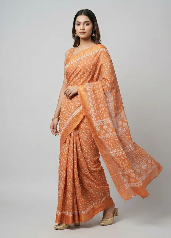 Peach Cotton Saree With Blouse Piece One Size