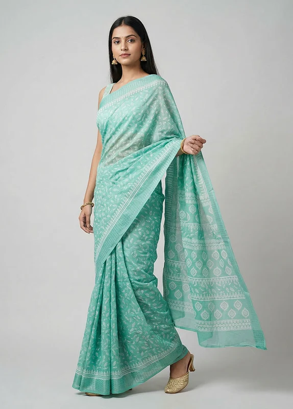 Green Cotton Saree With Blouse Piece One Size