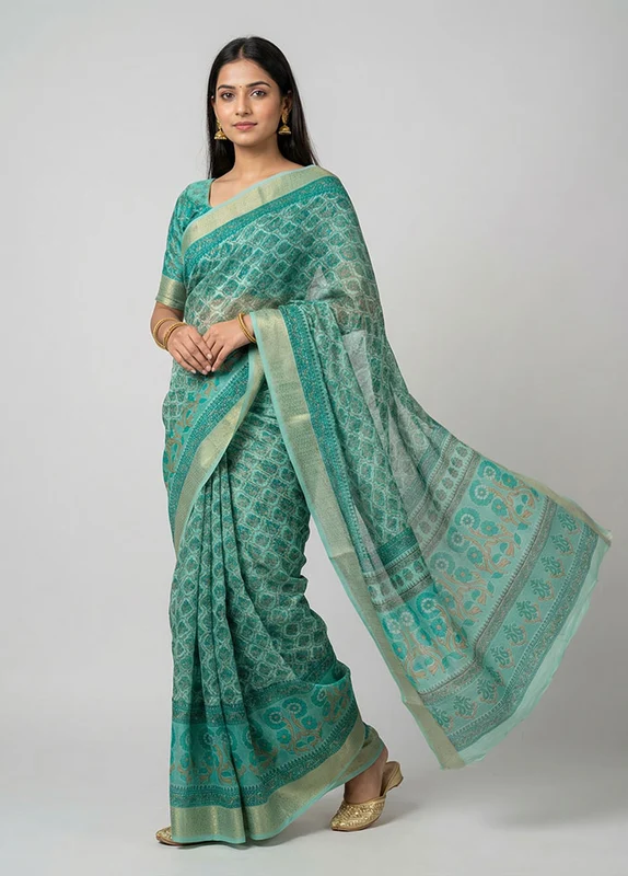Blue Cotton Saree With Blouse Piece One Size